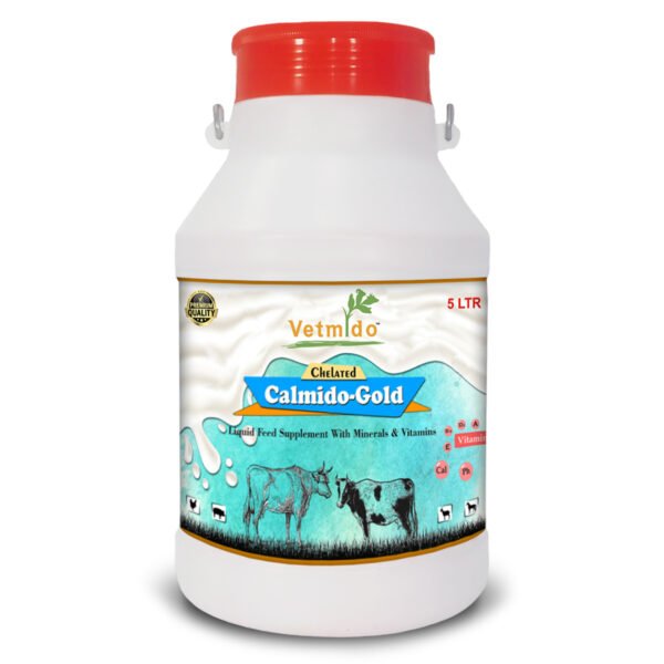 VETMIDO Calmido Gold - Chelated Liquid Calcium Supplement for Cattle, Cow, Buffalo, Goat, Pig, Poultry and Farm Animals - 5 LTR