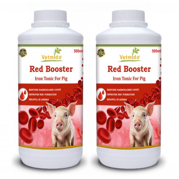 VETMIDO Red Booster - Iron Tonic Supplement for Pigs, Swine, Piglets & Piggery (500ml x 2) Combo - Pack of 2