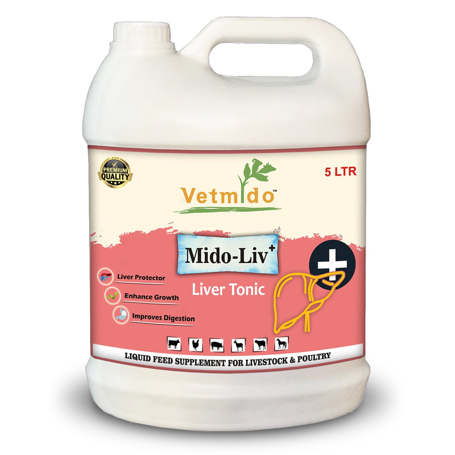 VETMIDO Mido-Liv Plus – Liver & Digestive Tonic for Cattle, Cow, Buffalo, Goat, Pigs, Poultry & Farm Animals – 5 LTR